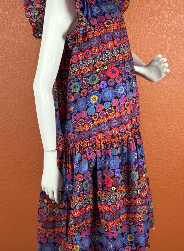 PINCH Floral Print Ruffle Cap Sleeve Midi Dress L. B29 Purple Size L - Image 6