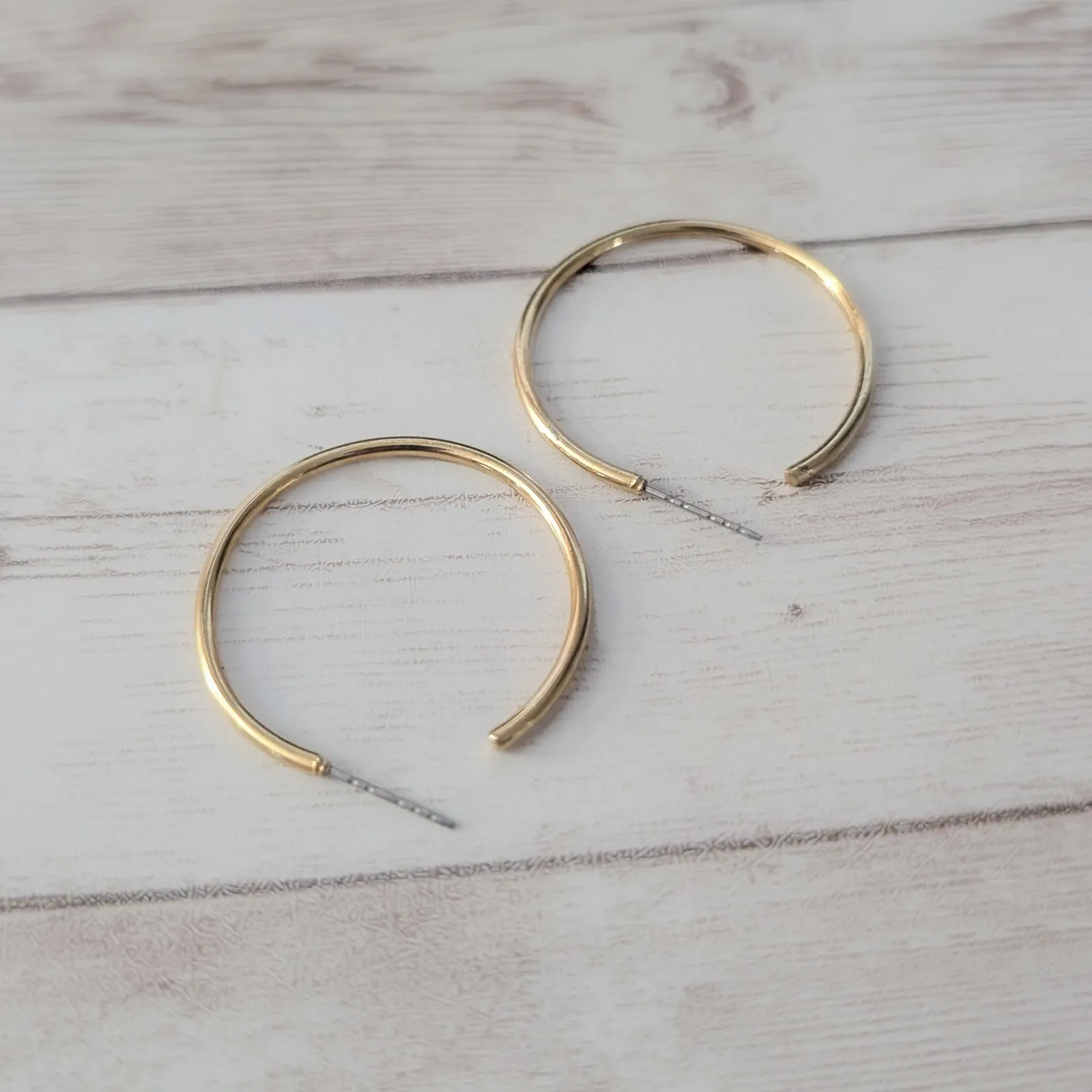 Vintage Stud Earrings 1 & 3/8" Gold Tone Hoops - Image 6