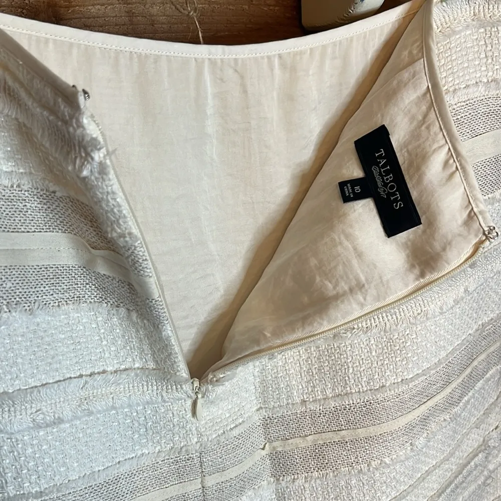 Talbots Midi Textured Cotton Linen Fringe Cream White Pencil Skirt Zip Lagenlook - Image 7