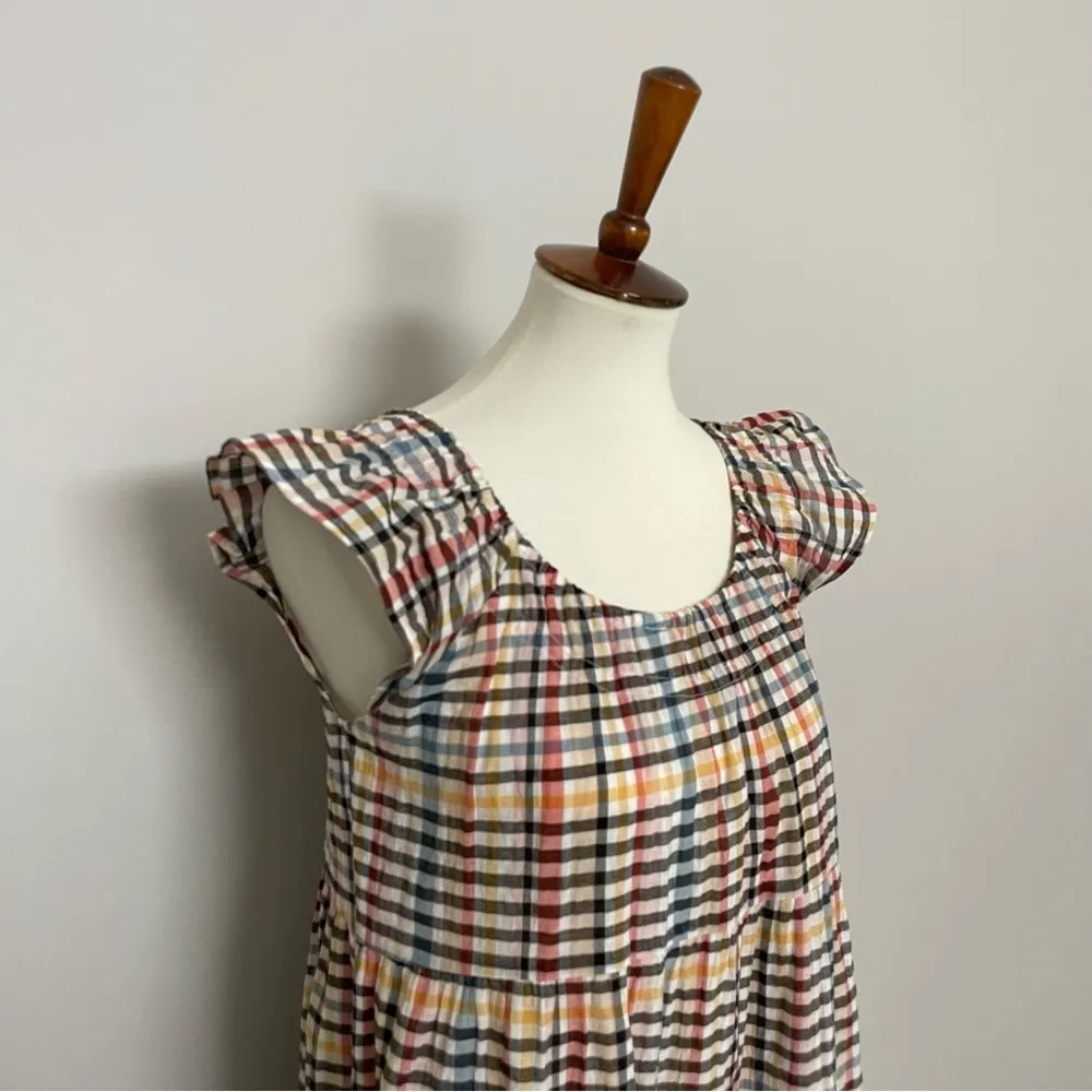 Loft Dress Midi Lightweight Plaid Tiered Cotton Cottagecore Pink Yellow Black - Image 3