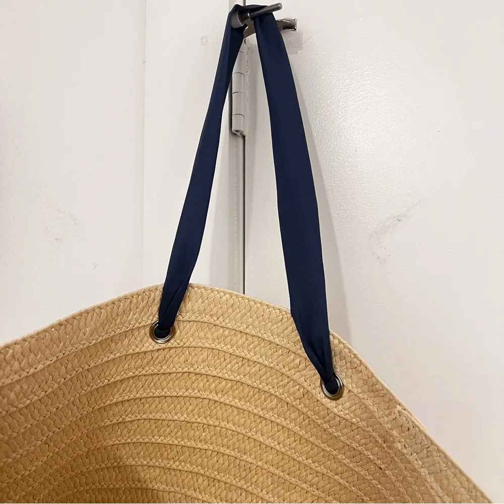 Neiman Marcus Straw Tote Navy Ribbon Straps - Image 5
