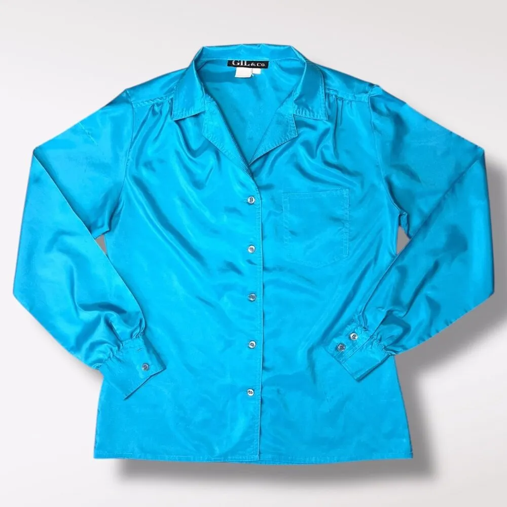 Vintage Blue Satin Button Up Blouse Size Small - Image 5
