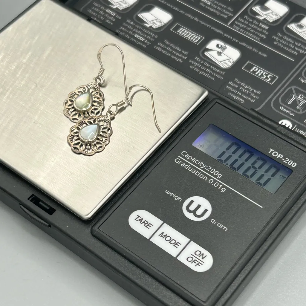 Vintage Silver Tone Teardrop Dangle Earrings Filigree Mother of Pearl Look - Image 5