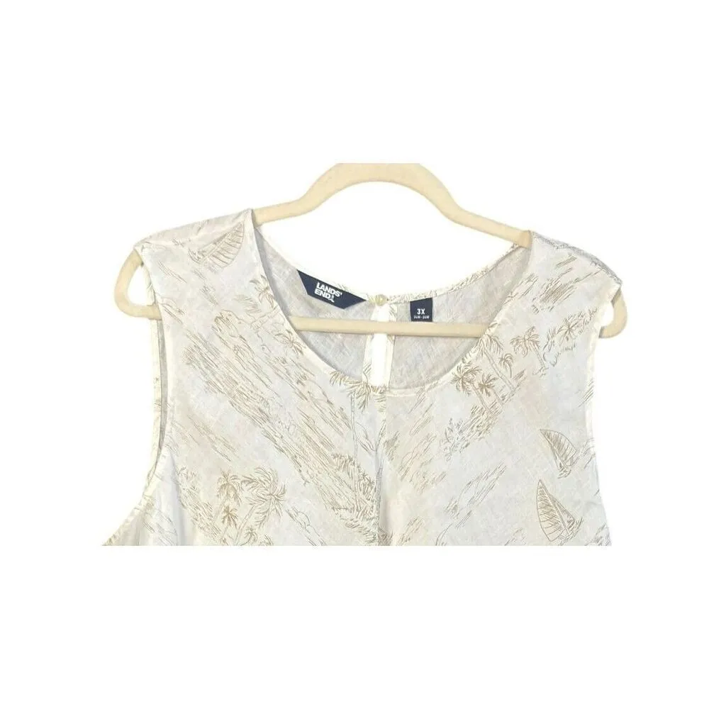 Lands’ End 100% Linen Sleeveless Top 3X Tan Palm Trees Coastal Resort Flowy - Image 2