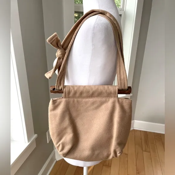 Vintage Camel Tan Wool Plaid Lined Shoulder Bag Purse Fisherman Aesthetic - Image 2