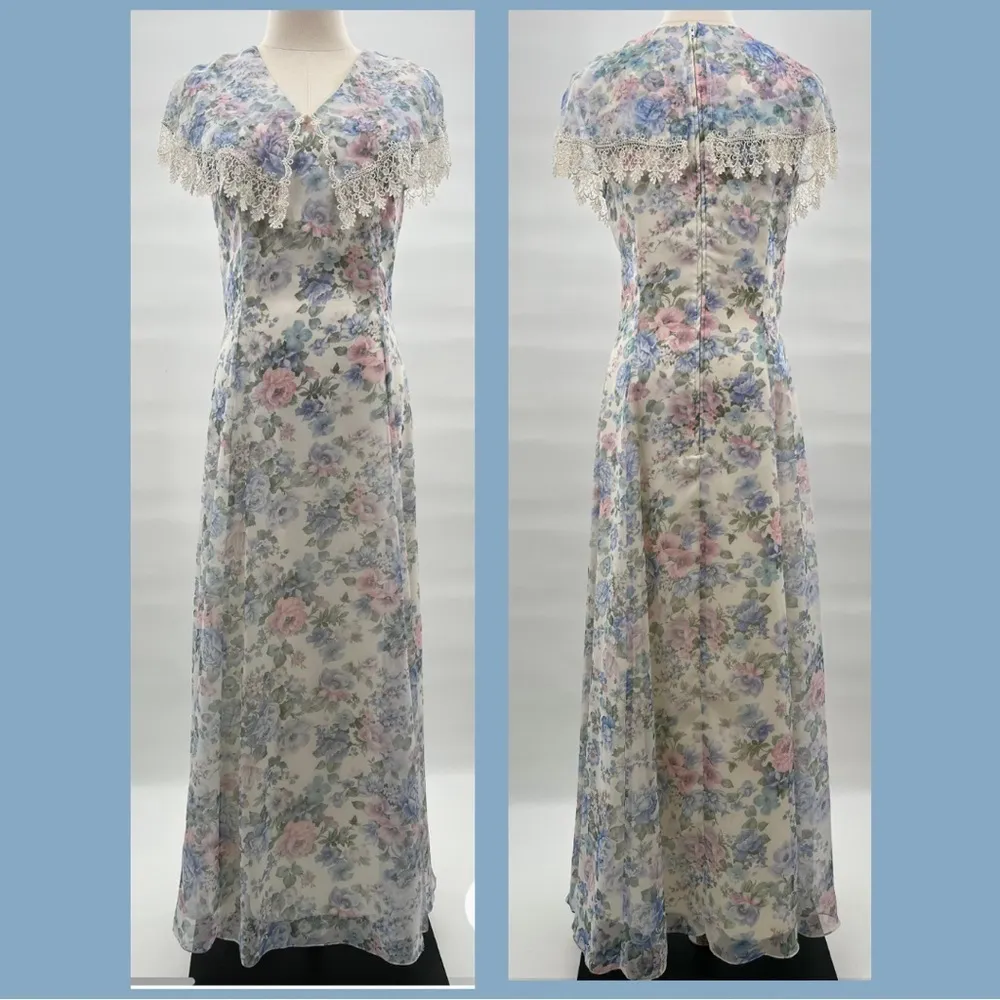 Vintage Jessica McClintock Floral Garden Lace Trim Maxi Prom Bridesmaid Dress - Image 5