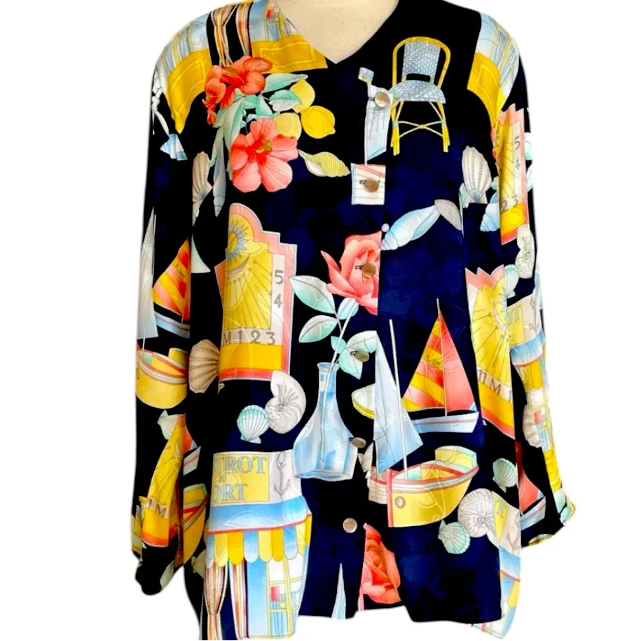 Vintage Leonardo Paris Silk
Cardigan with Nautical and Floral Print O/S Blue Size undefined - Image 1