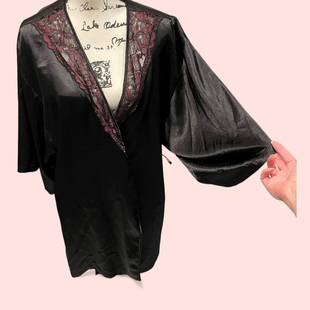 Black silky satin wine lace trim kimono robe whimsigoth midi - Image 2