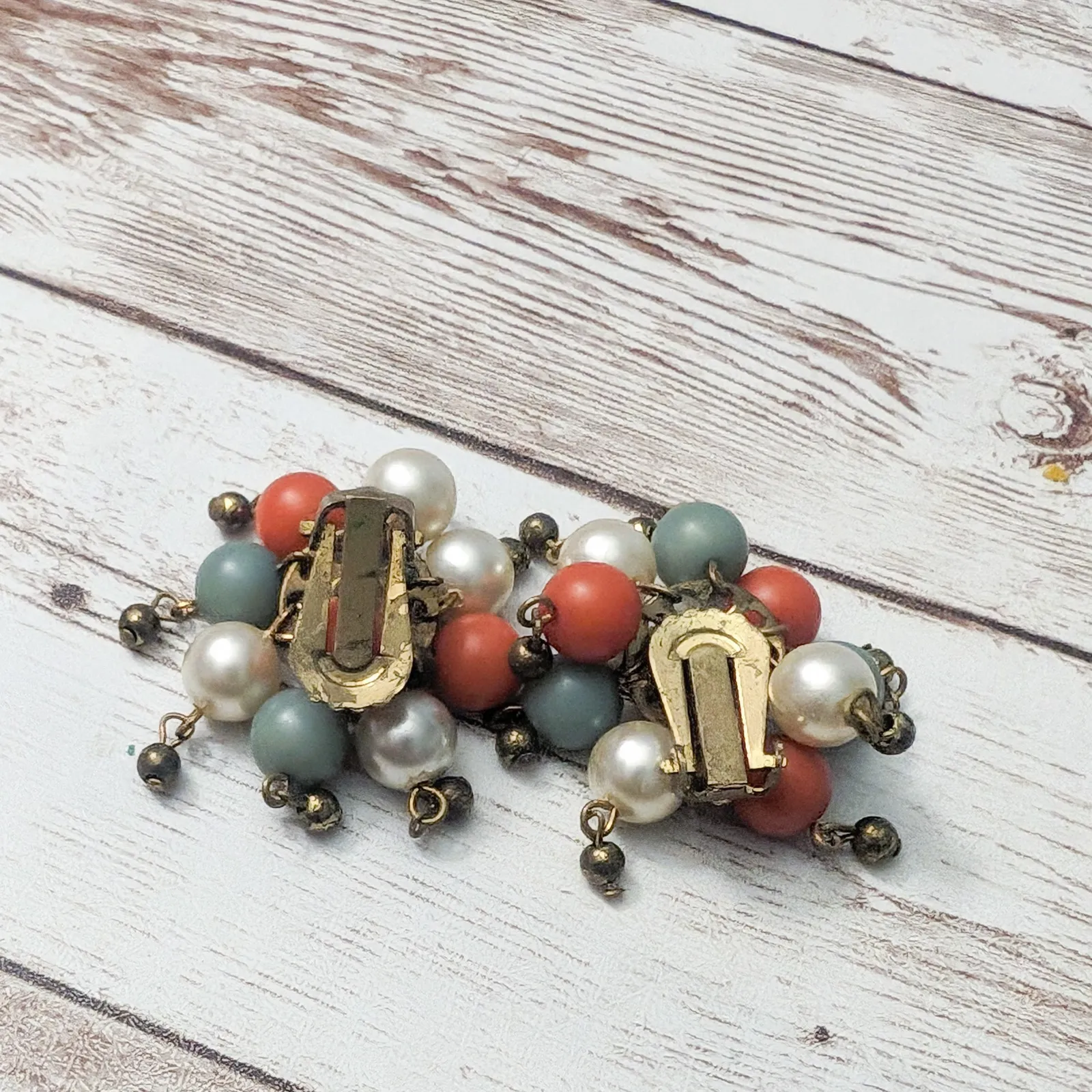 Vintage Clip On Earrings Multi Tone Cluster Dangle - Image 4