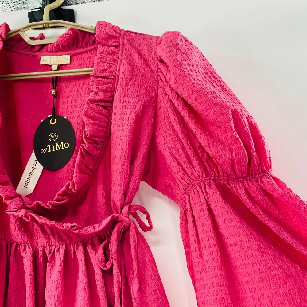 NEW byTiMo Bubble Wrap Crinkled Puffed Shoulder Blouse Pink Med Peasant Coquette - Image 7