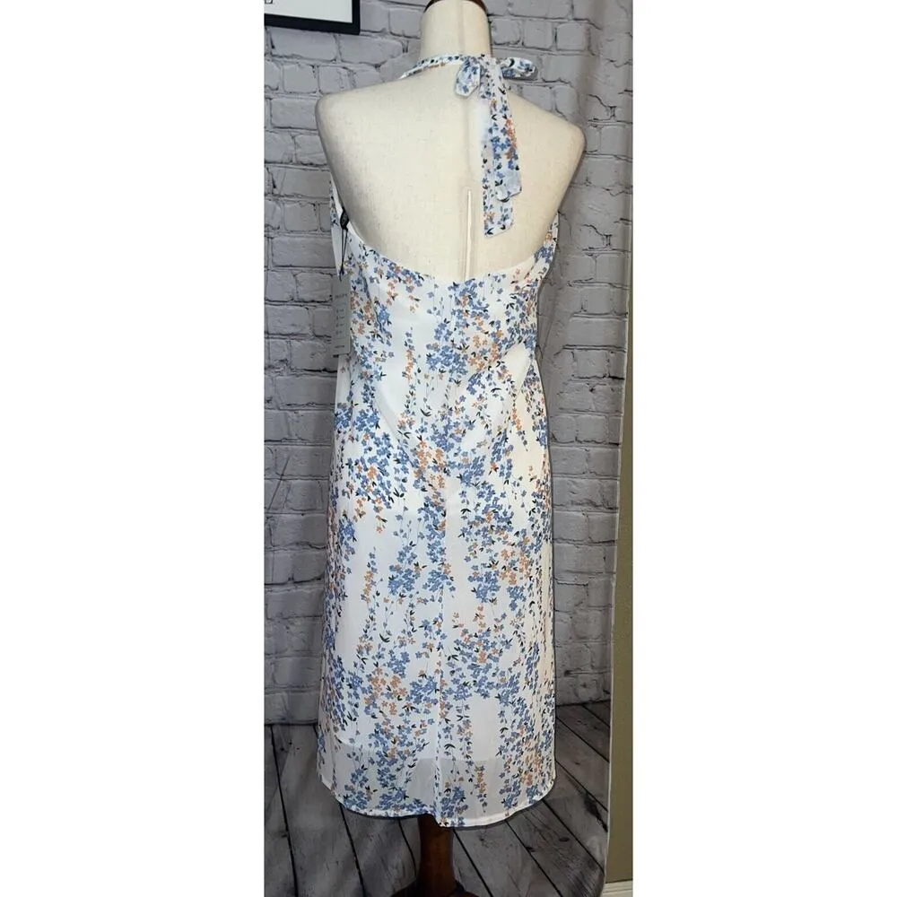 Women’s Floral Chiffon Halter White & Blue Dress Kojoonin M NWT Size M - Image 2