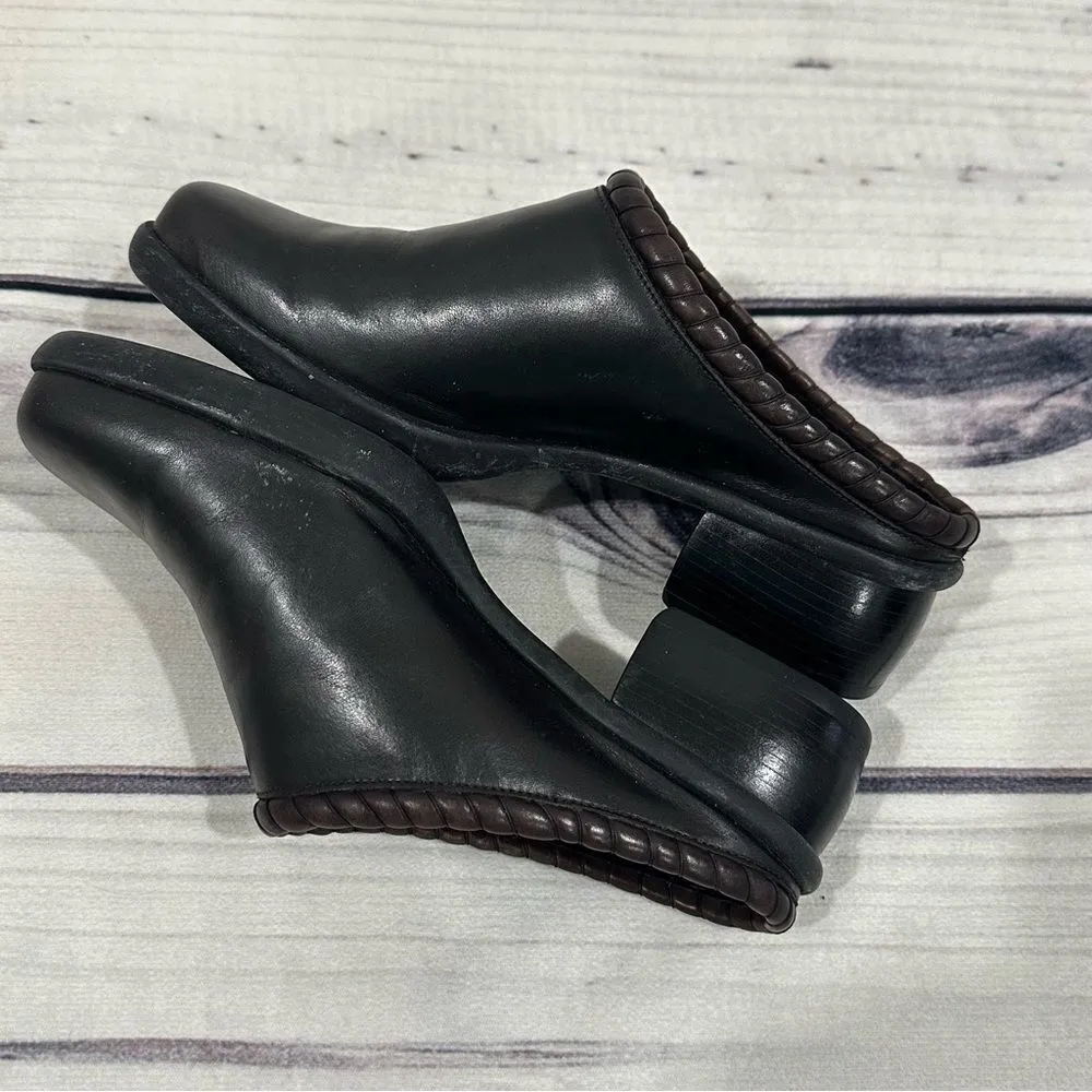 Cole Haan Womens Shoes Black Leather Mules Slides Brown Rope Edging Sz 6 - Image 5