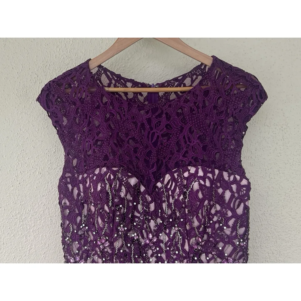 Jovani Purple Lace Beaded Mermaid Gown 6 Cap Sleeve Prom Formal Embellished - Image 2