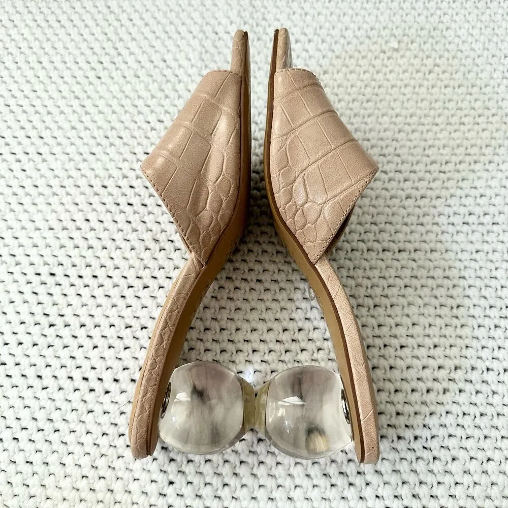 Express Crystal Ball Faux Beige Nude Croc Embossed Slide Low Heel Sandals 6 - Image 10