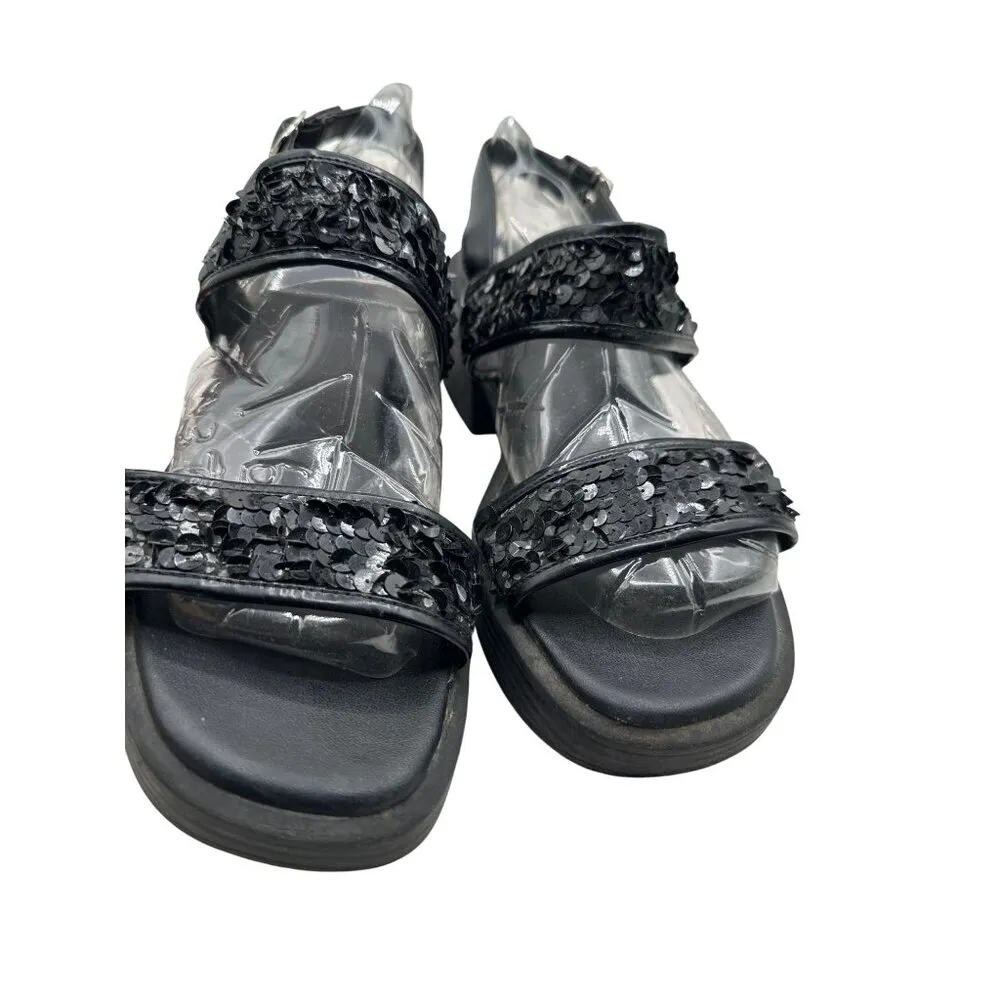 Coaster Size 9 Sandals With Sequined Straps & Chunky Heel Black - Image 5