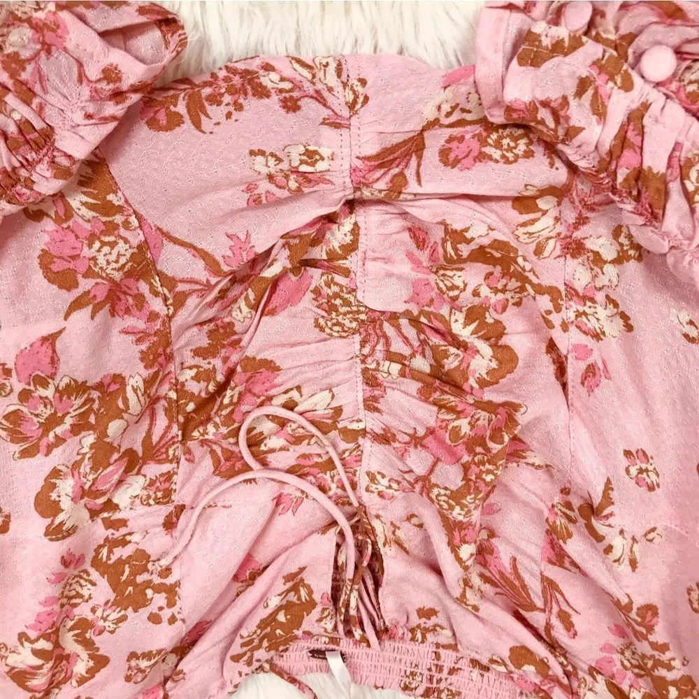FREE PEOPLE Hilary Pink Floral‎ Crop Top Puff Sleeve Square Neck Size Medium New - Image 10
