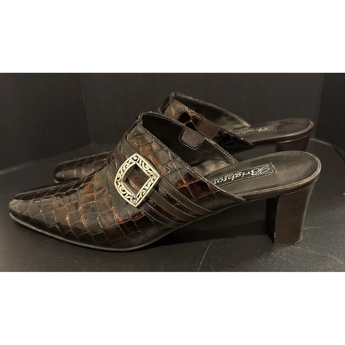 Brighton Tudor Womens 9 M Crocodile Embossed Leather Mules Buckle Preppy Italy - Image 4