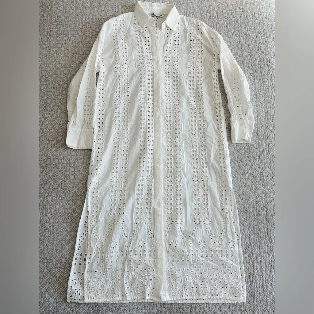 ZARA Openwork Eyelet White Maxi Shirt Dress Long Sleeve Coverup Size XS - Image 10