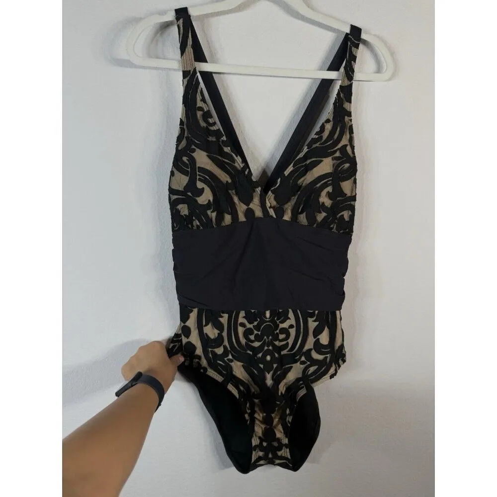 Alex Marie Mysterious Burnout One Piece Swim Suit Beige Black Paisley Women’s 16 - Image 14