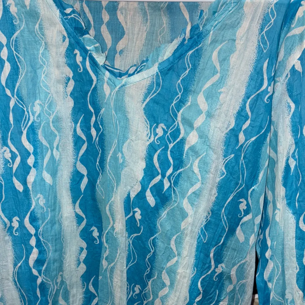 100% Cotton NWOT West Indies Wear Turquoise Wave Seahorse Pattern Swim Coverup Blue Size M - Image 6