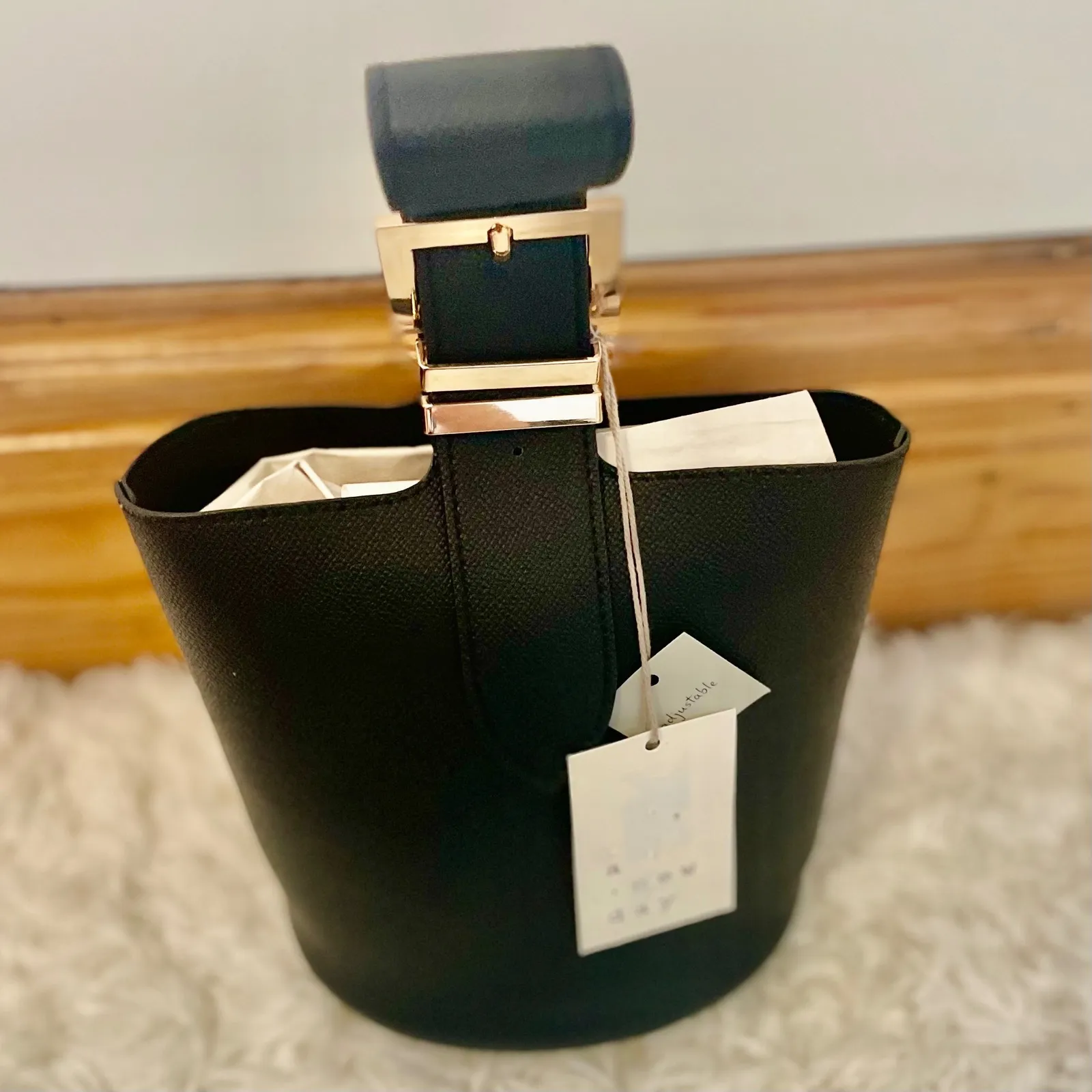 A New Day Black Faux Leather Bucket Bag Gold Buckle Top Handle - Image 2