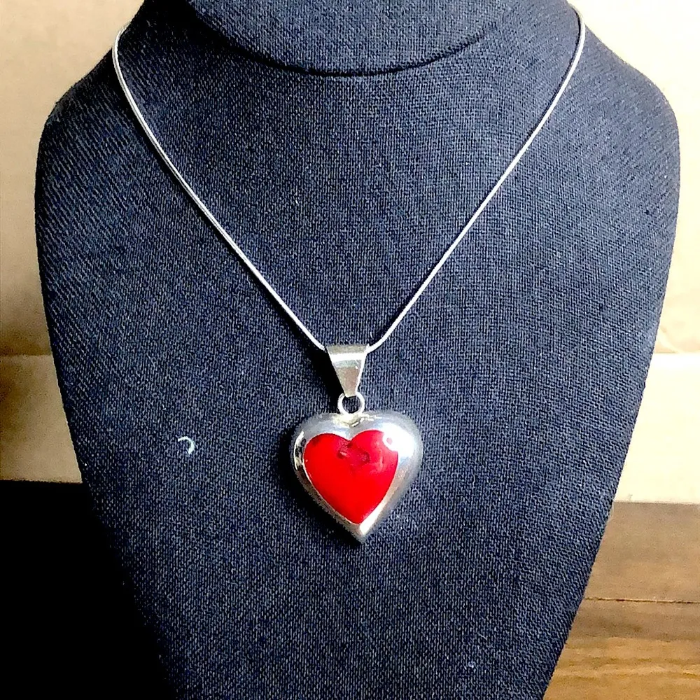 TAXCO Sterling Silver Red Jasper Heart Cabochon Pendant Necklace - Image 5
