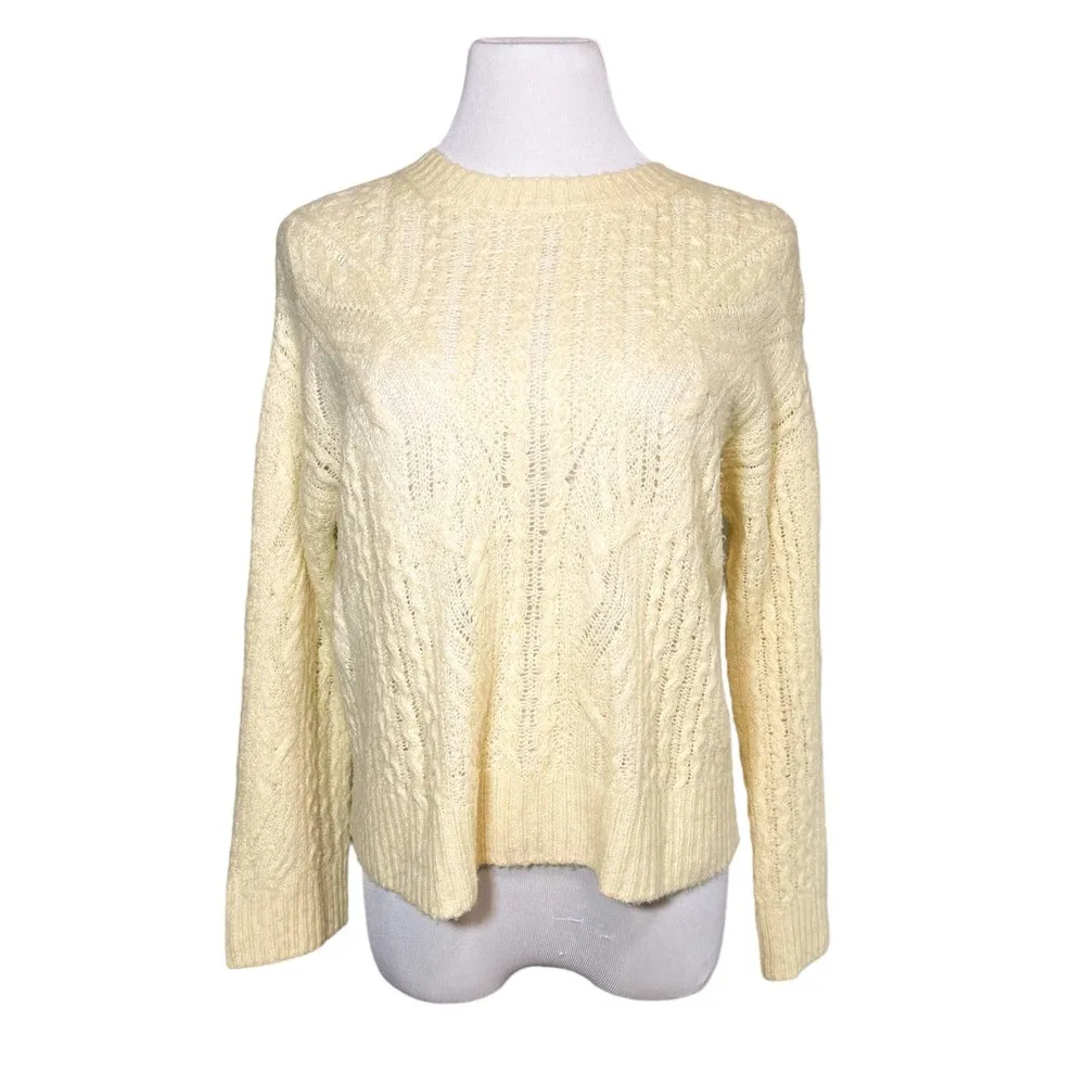 Vince Merino Wool Cashmere Blend Open Cable Knit Crew Sweater Pale Yellow Small - Image 2