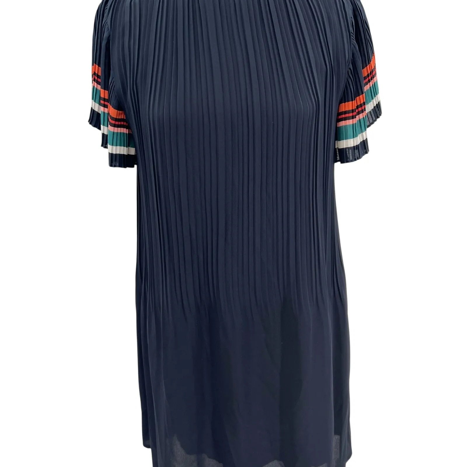 Maje Rolini‎ Dress Plisse Crepe Striped Detail Navy Blue Size 3 US Large - Image 5