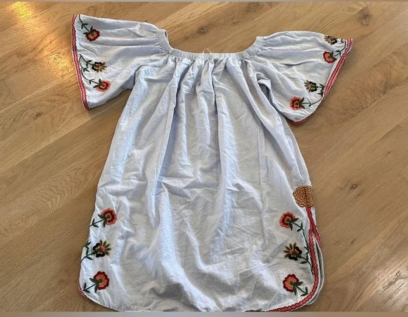 Zara Trafaluc Light Blue Off Shoulder Embroidered Mini Dress blue size small - Image 3