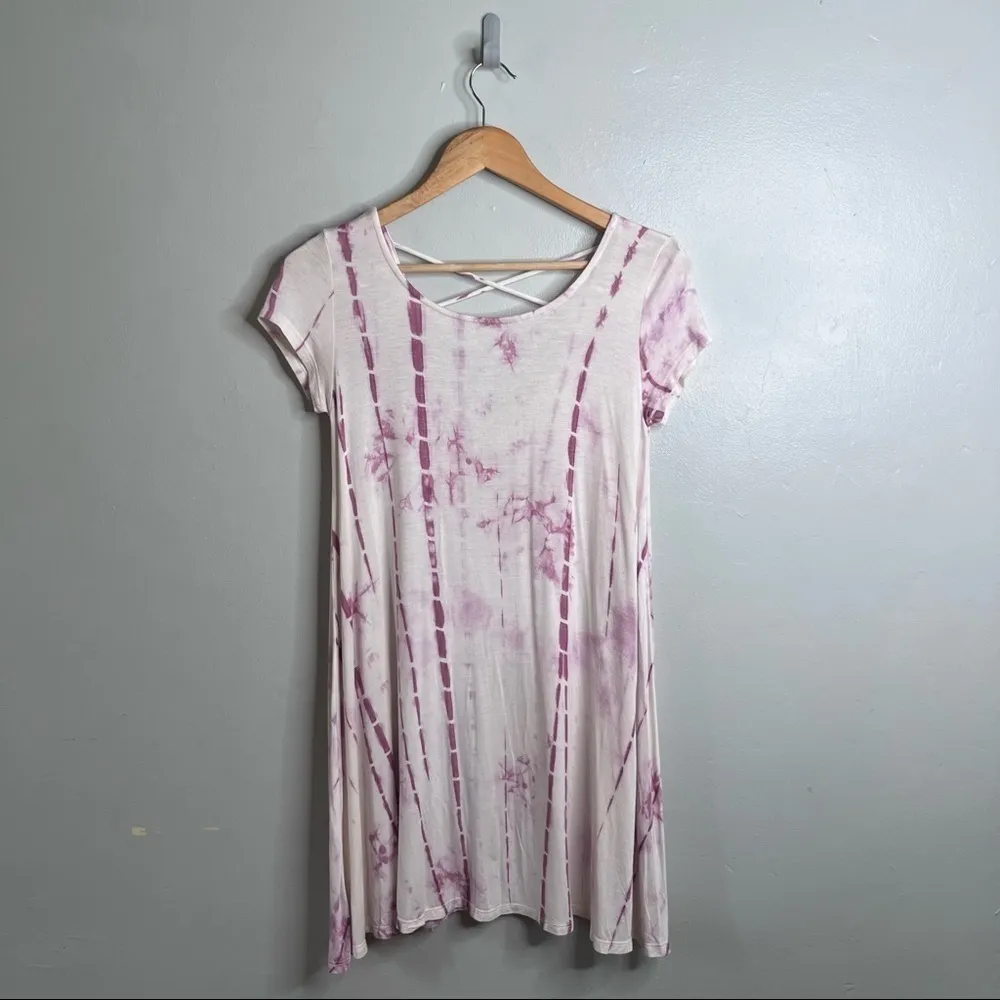 Tie Dye Oversize Tunic Dress with Criss Cross Back. Pink White Small - Image 3