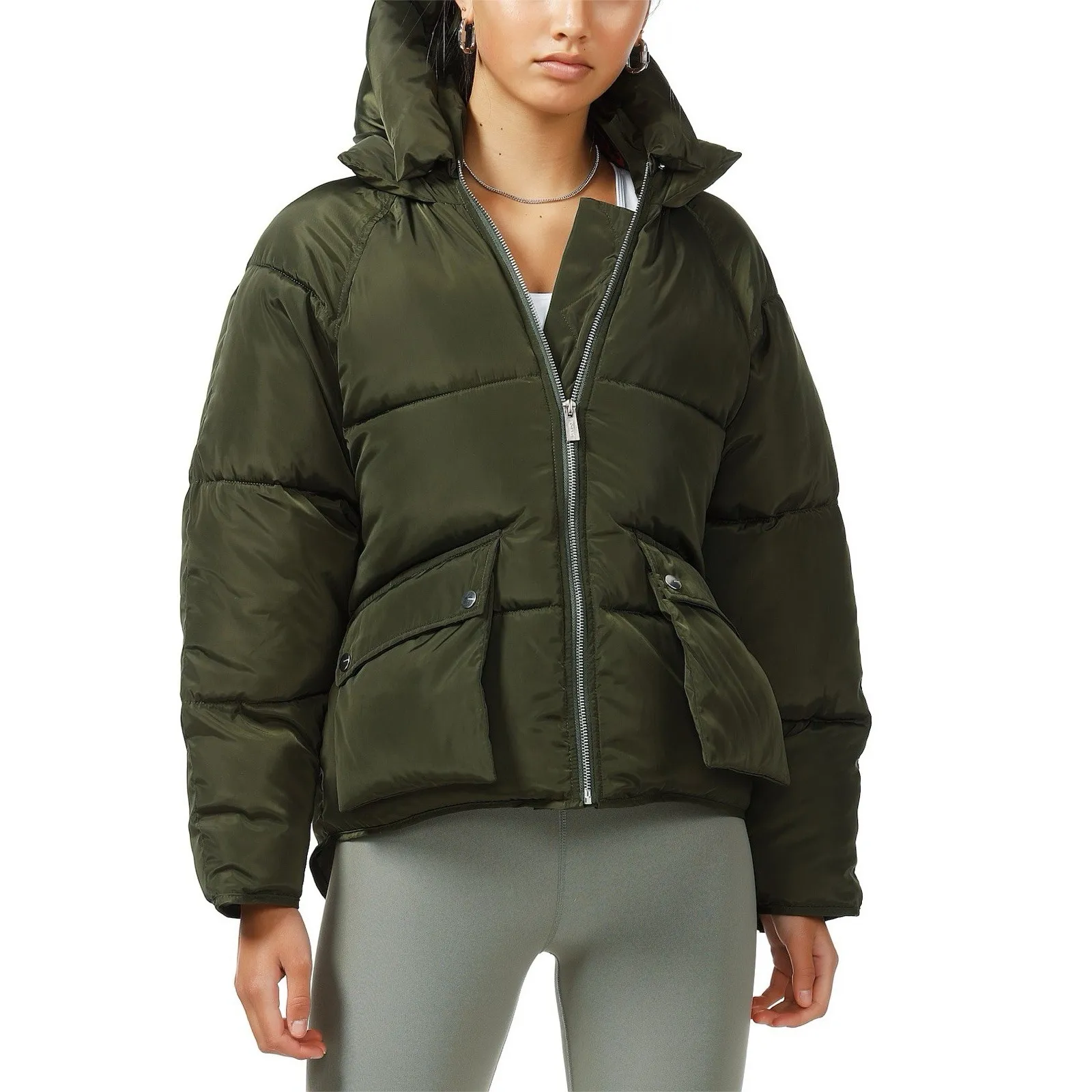 TOAST SOCIETY PLUTO KHAKI GREEN PUFFER JACKET Hooded Patch Pocket EUC Size M Tan Size M - Image 2