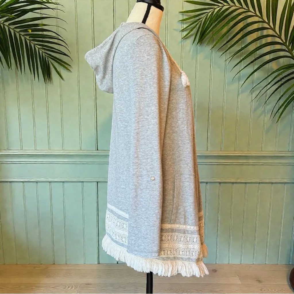 DEMOCRACY Gray Hoodie Cardigan with Tassels & Crochet Trim - Size M - Image 5