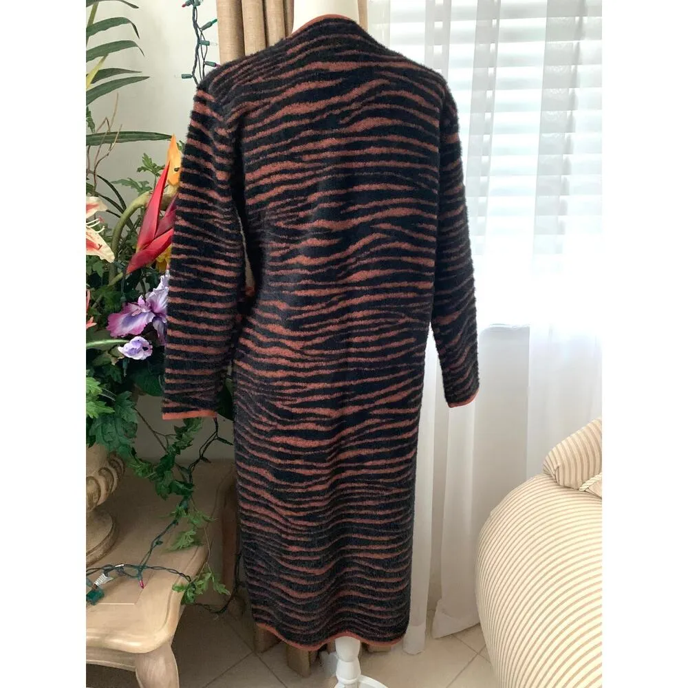 NEW JOA Zebra Print Fuzzy Long Wrap Cardigan Duster in Black / Brown - Image 7