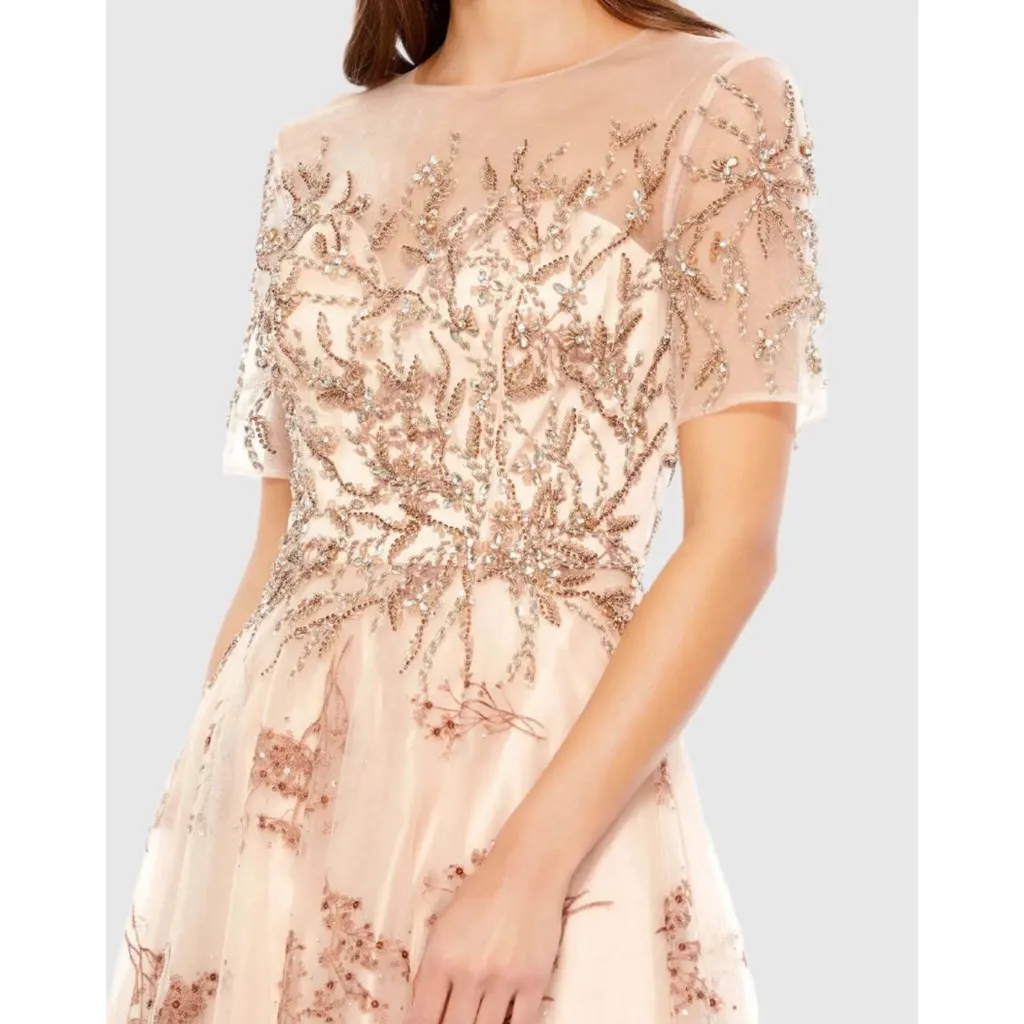 NWT Mac Duggal 79317 Pink Embellished Illusion Short Sleeve A Line Gown Size 6 - Image 3