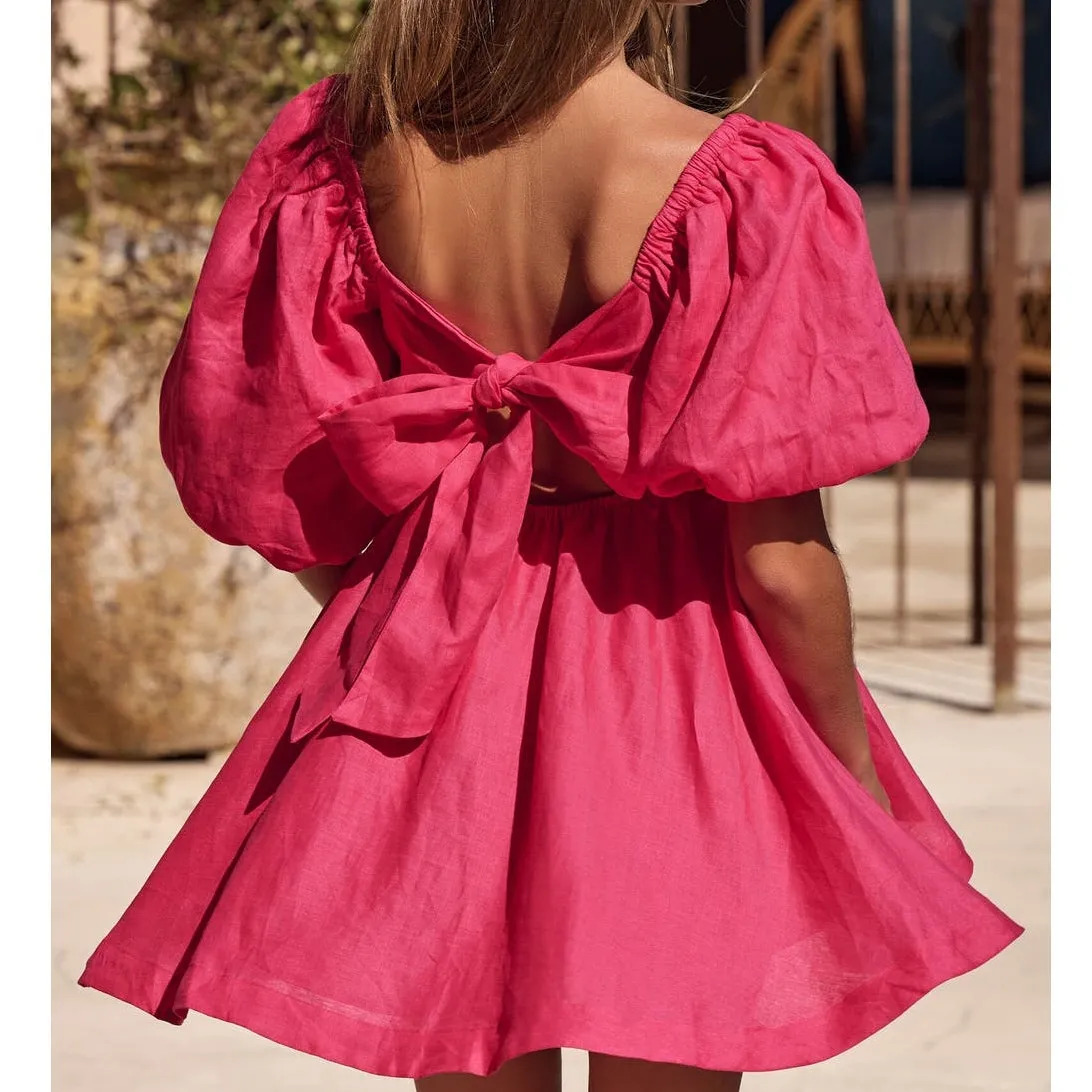 Showpo. Amalie The Label Hamyya Linen Tie Back Puff Sleeve Mini Dress Magenta - Image 3