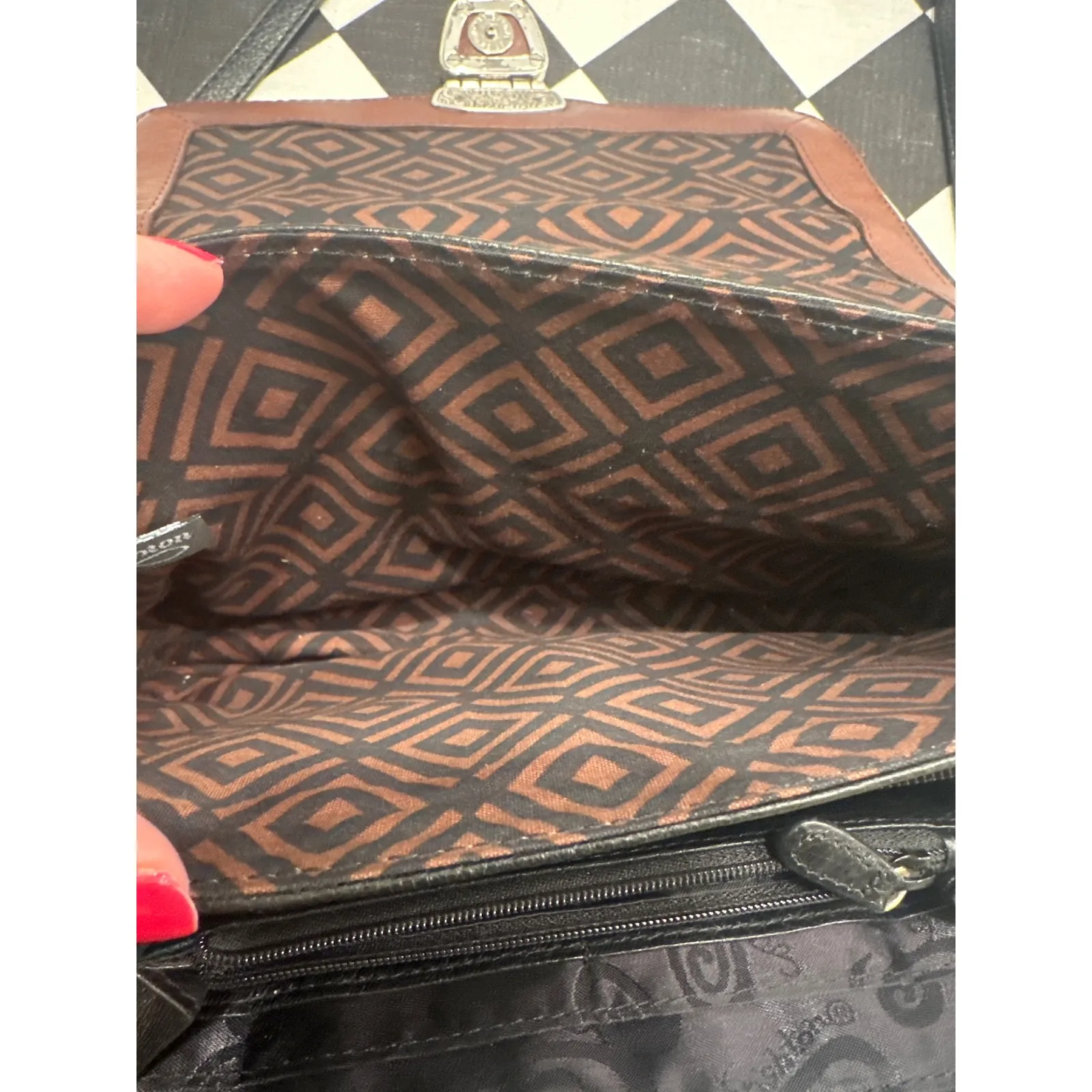 VTG Brighton Brown Black Leather Crossbody Shoulder Bag Buckle Detail - Image 5