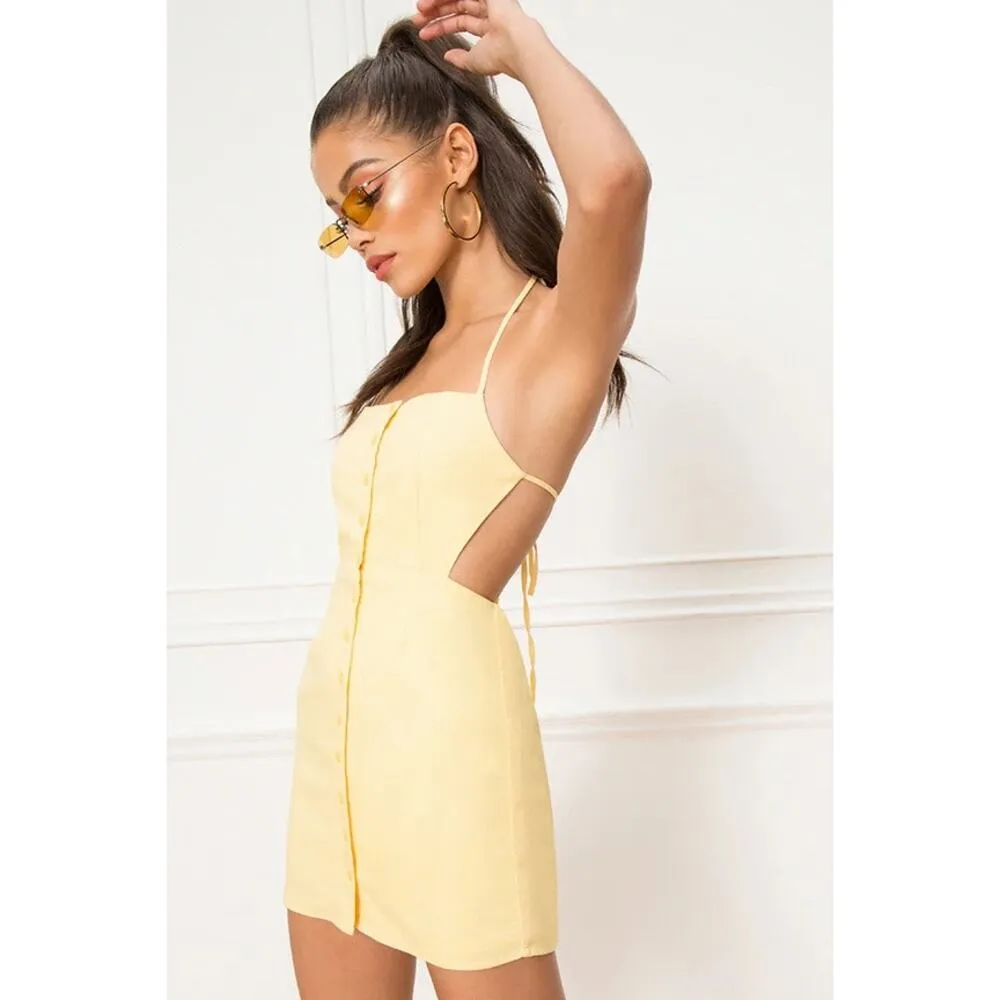 Revolve x Superdown Lilo Yellow Halter Button Up Open Back Mini Bodycon Dress S - Image 4