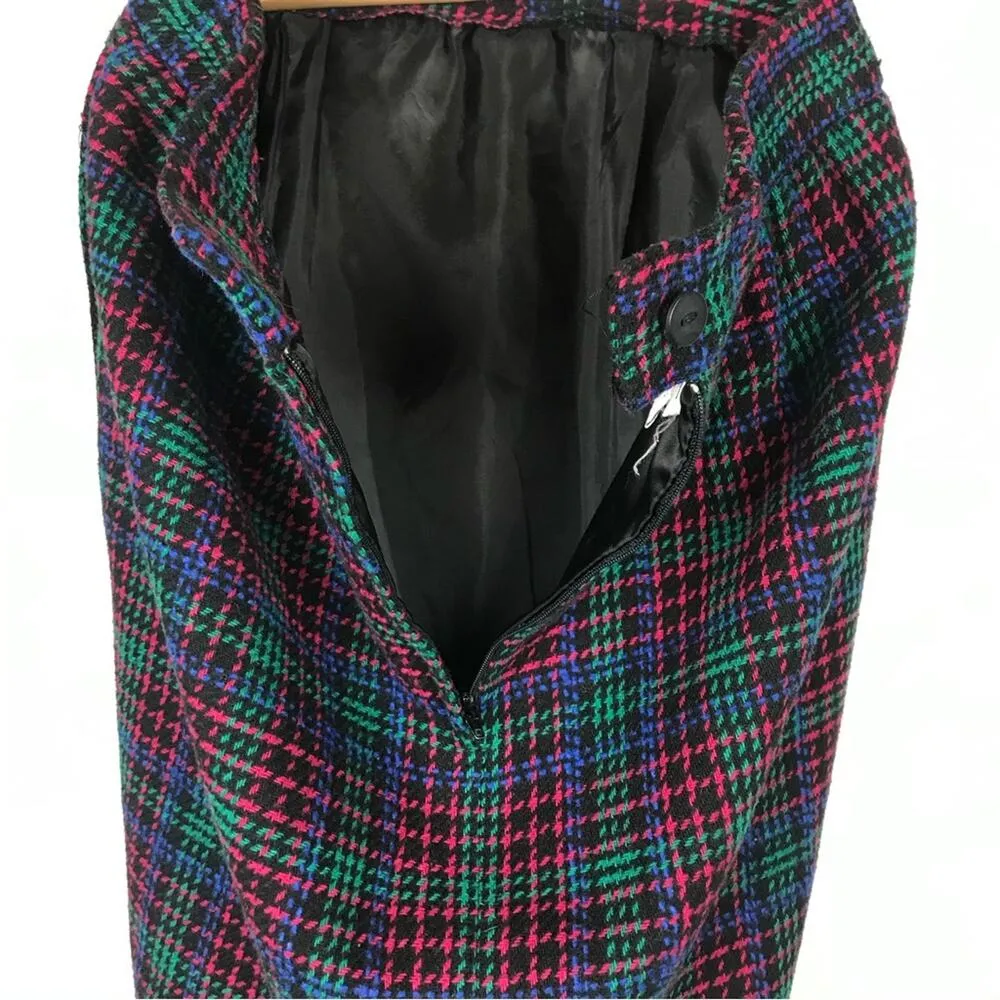 Vintage Joan Leslie Tweed Skirt Wool Blend Pink Green Blue Plaid Retro Skirt 6P - Image 5