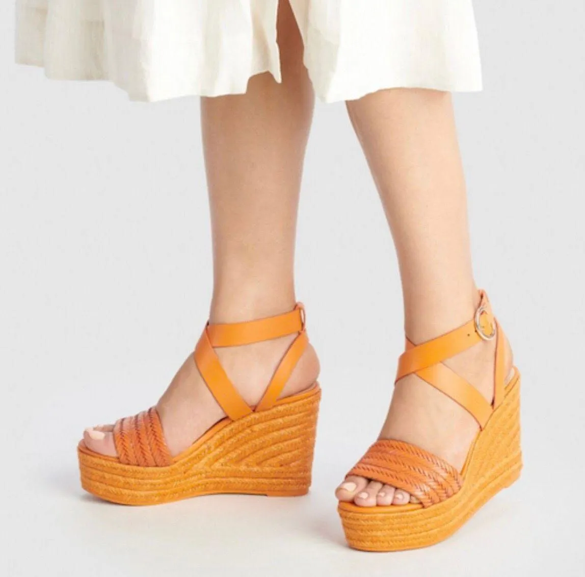 NEW  Candied Orange Isabela Wedge Leather Woven Jute-wrapped Heels Size 8B - Image 3