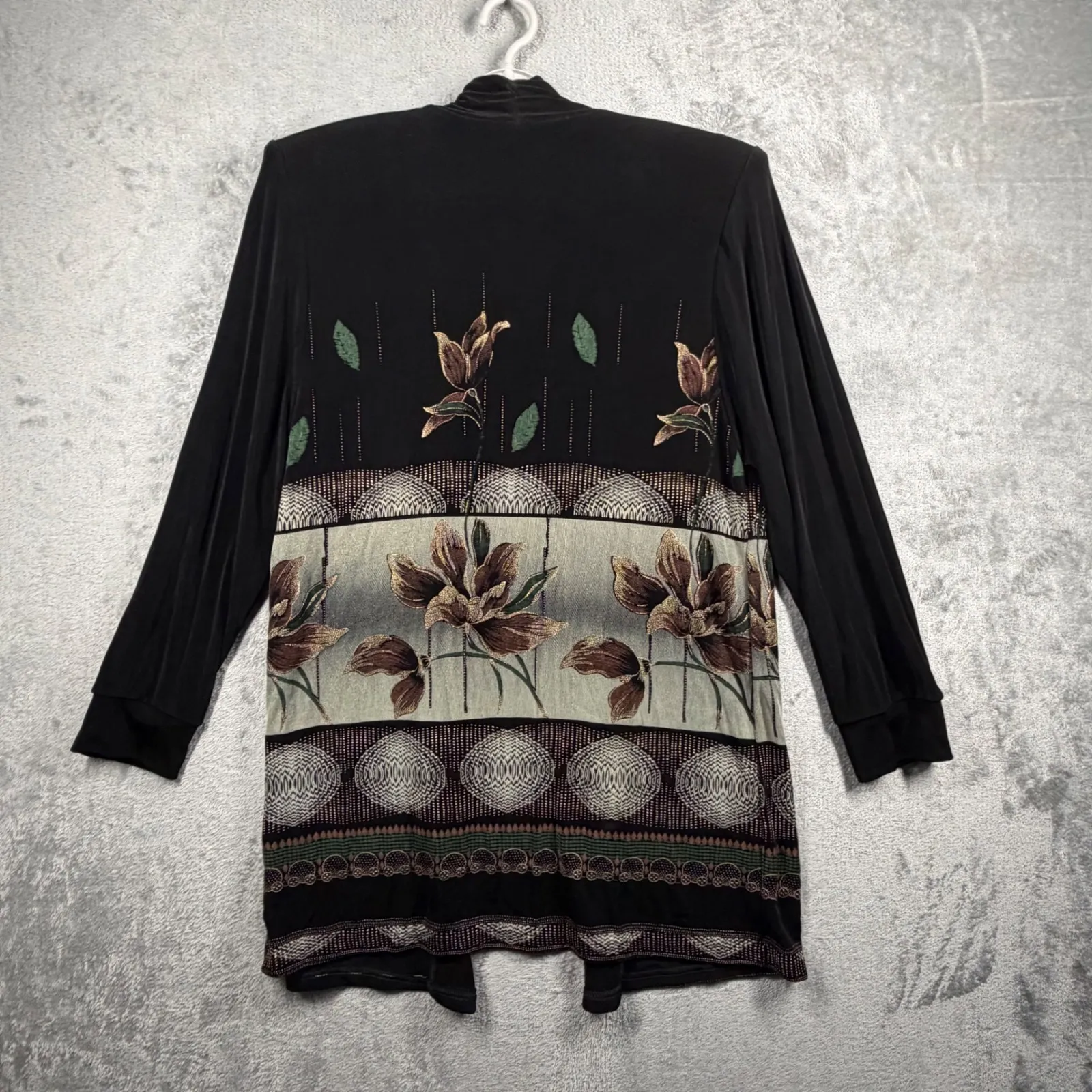 LS Collections Sunu Cardigan Small Open Front Floral Leaf Nature Print Slinky Black - Image 3