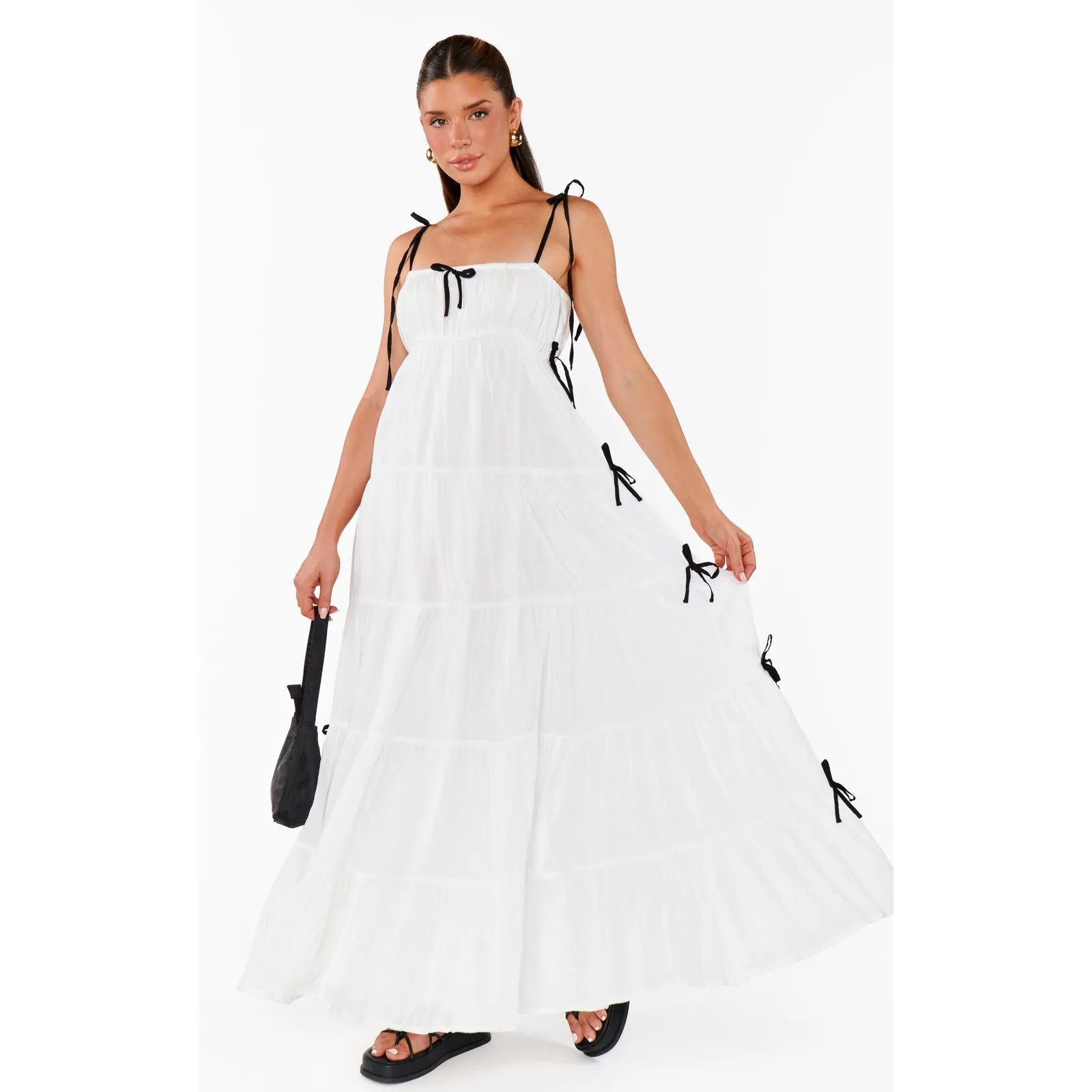 Show Me Your Mumu Harmony Maxi Dress White Voile with Black Bows XS NWT - Image 3
