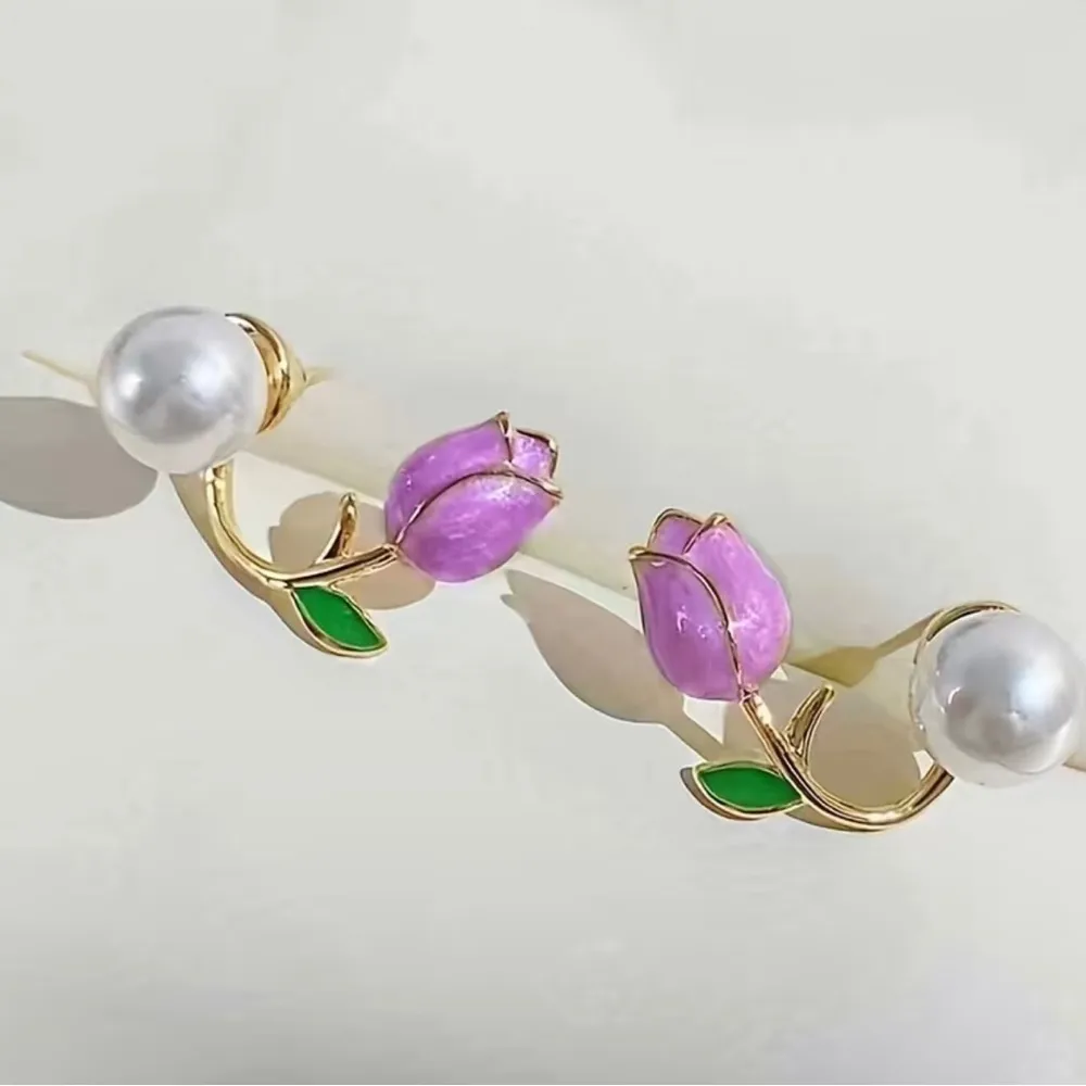 Trendy Elegant Purple Tulip Flower Pearl Stud Earrings, Women's‎ Stud Earrings Gold - Image 7