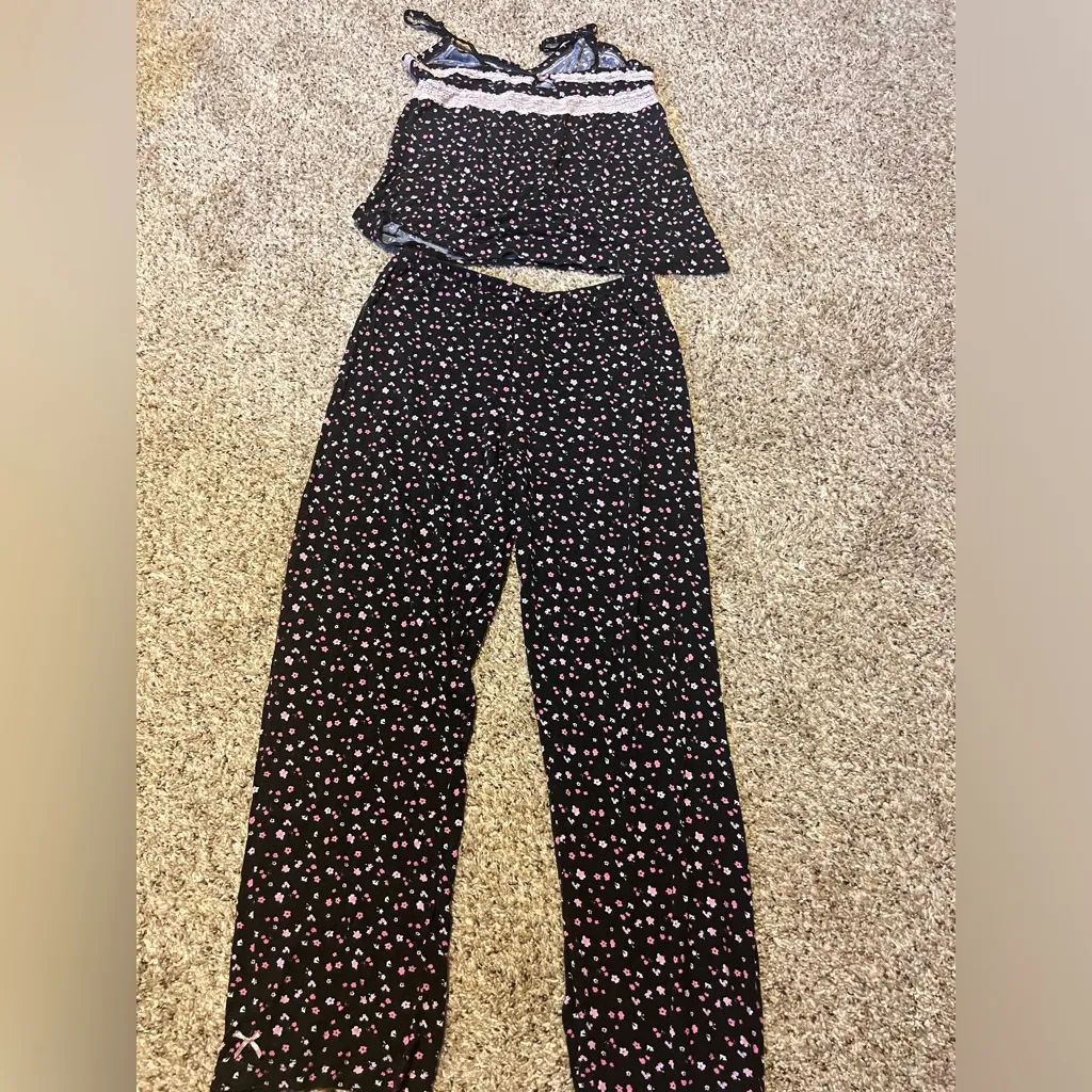❤️ Rene Rofe Black and Pink Pajama Sleepwear Set with pants and spaghetti top Size L - Image 3