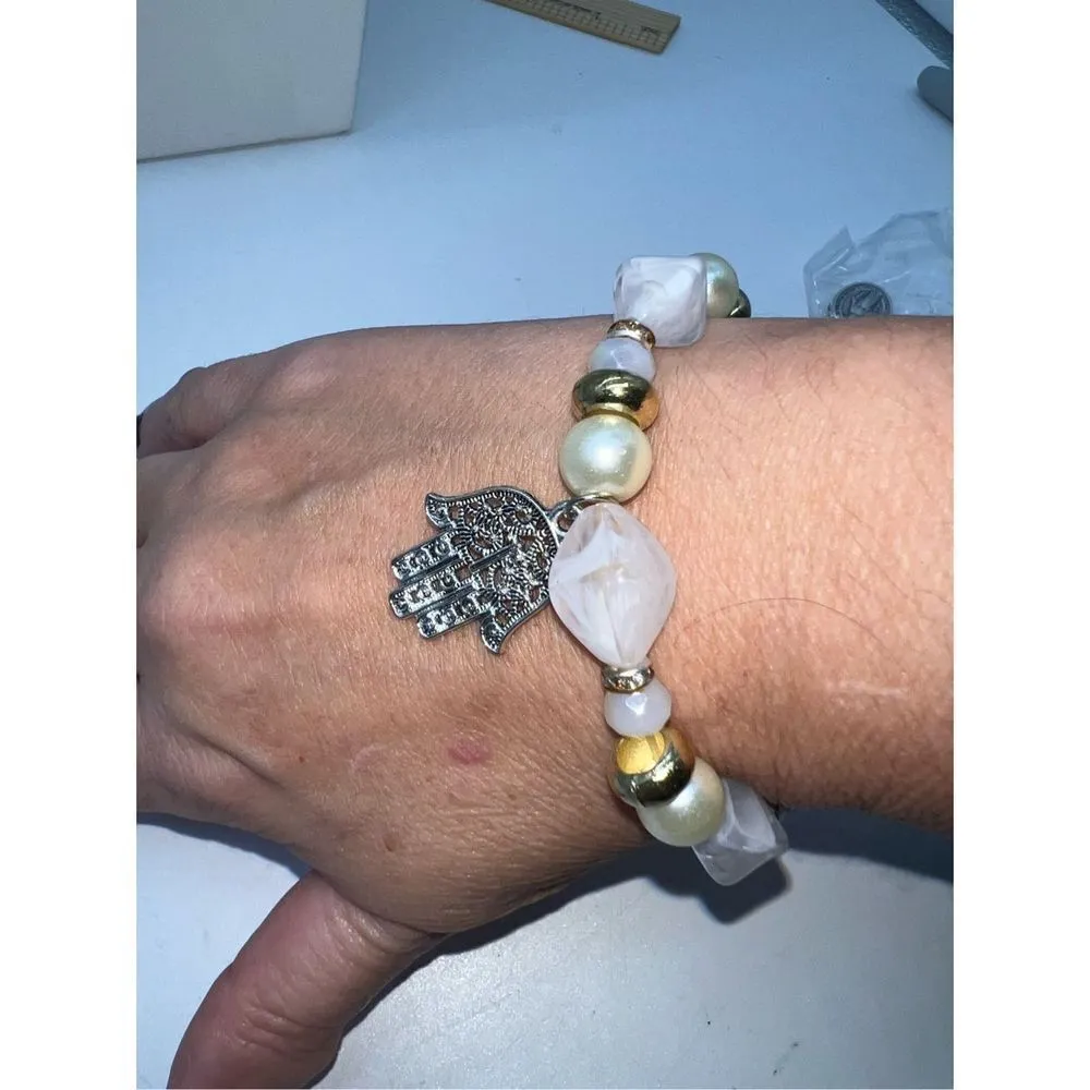 Silver Tone and White Stone Bead Hamsa 🪬 Bracelet - Image 2
