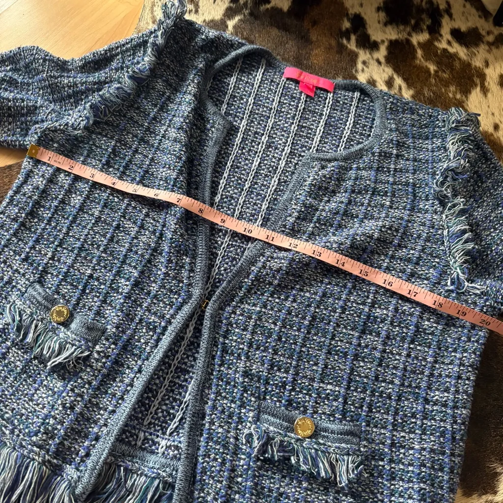 LILLY PULITZER Blue Tweed Fringe Jacket Size Medium - Image 9