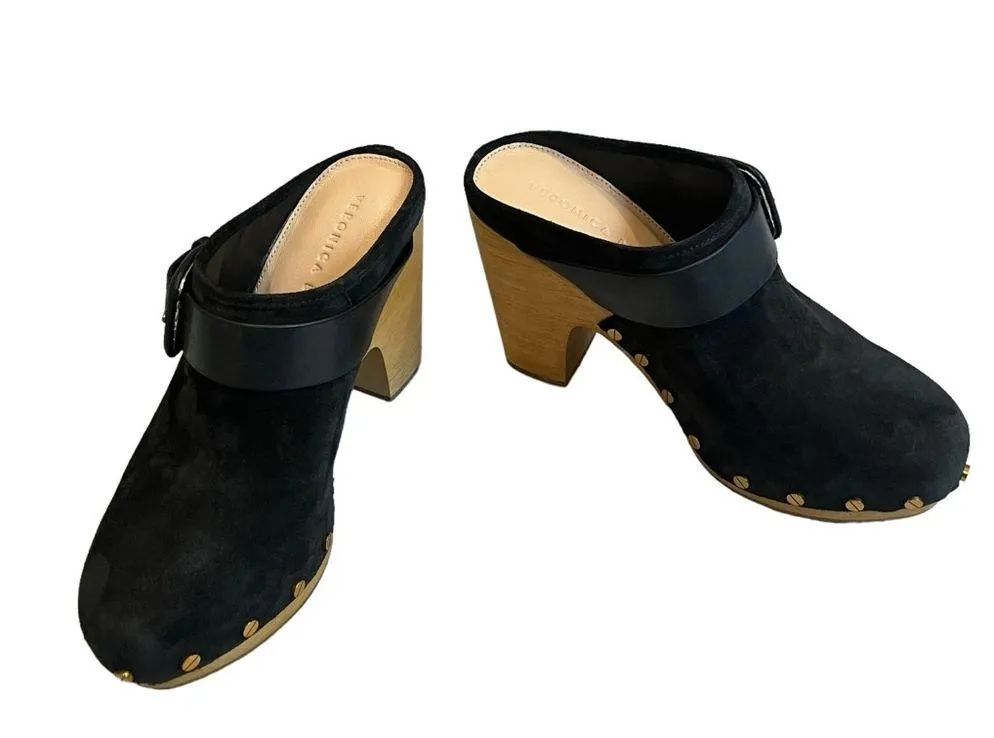 NWOT, Veronica Beard Dacey Black Suede Wooden Platform Clog, Gold Studs, Sz 6.5 - Image 6