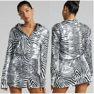 Lioness Mirror Image Zebra Long Sleeve Mini Shirt Dress Black/White Women's XS - Image 2