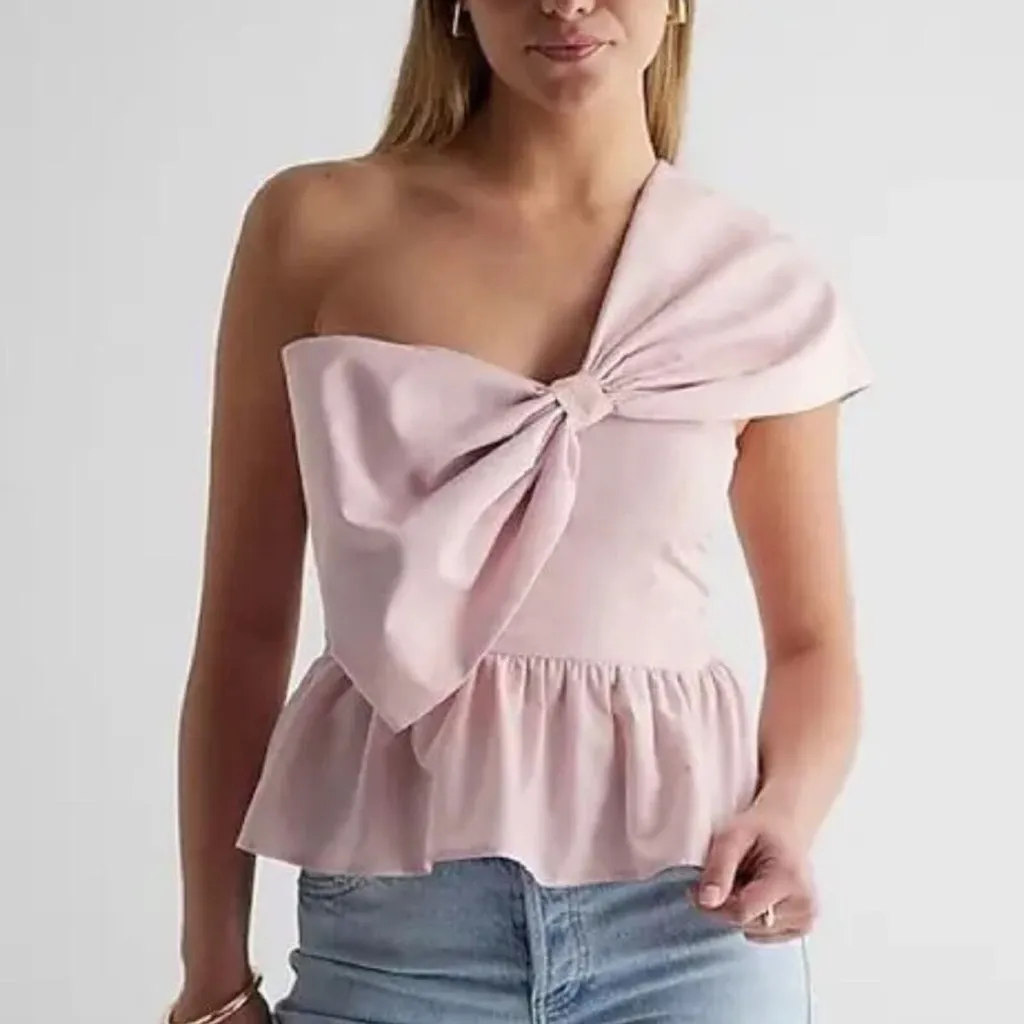Express One Shoulder Statement Bow Corset Peplum Top Bubble Pink - Image 2