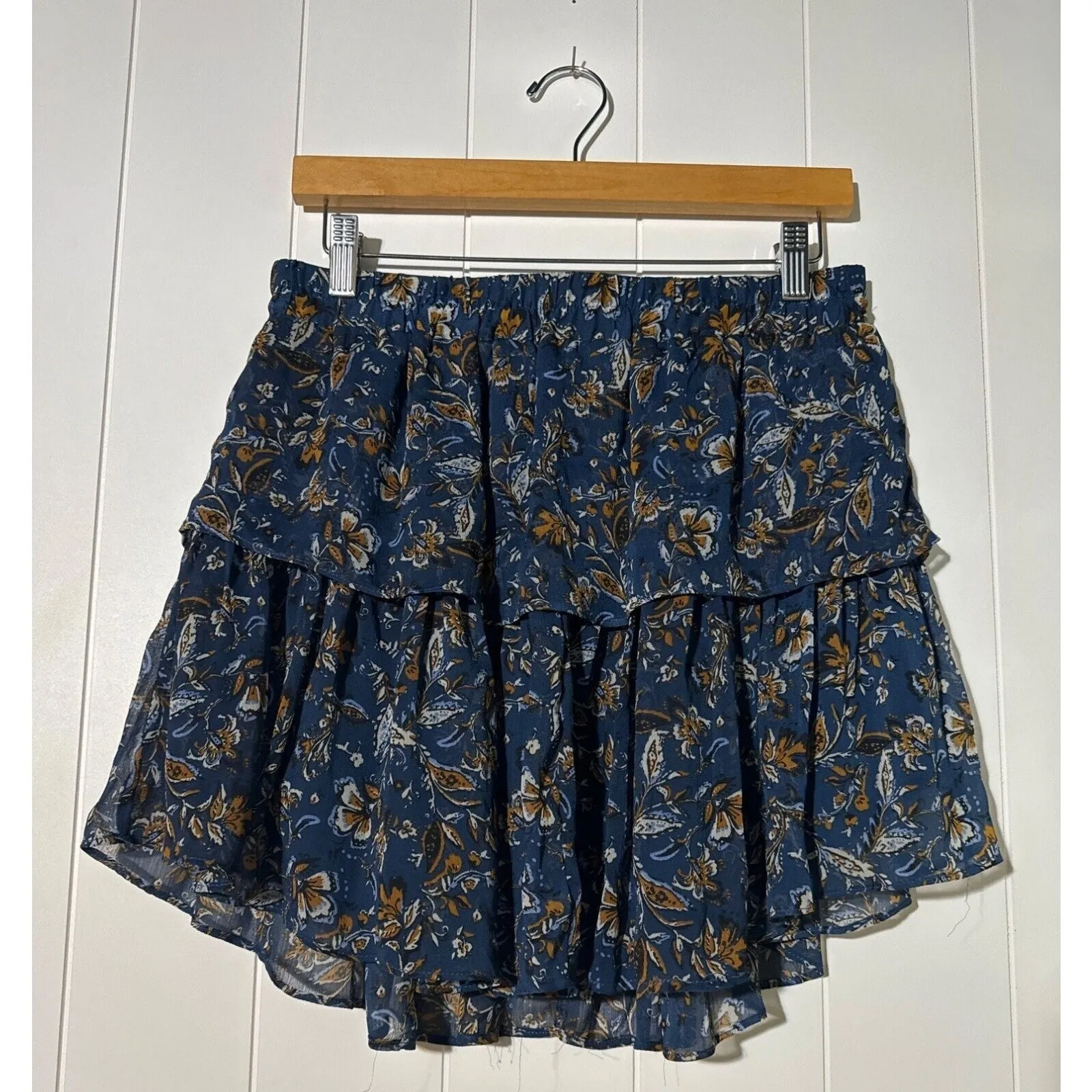 Drew  Medium Blue Brown Floral Tiered Ruffle Mini Skirt Boho - Image 3