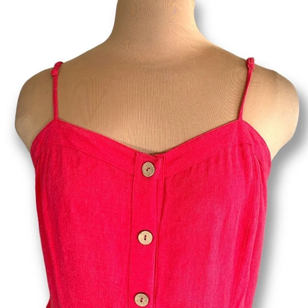Universal Thread Dress Bright Coral Red Linen Blend Strapless Button Front - Image 3